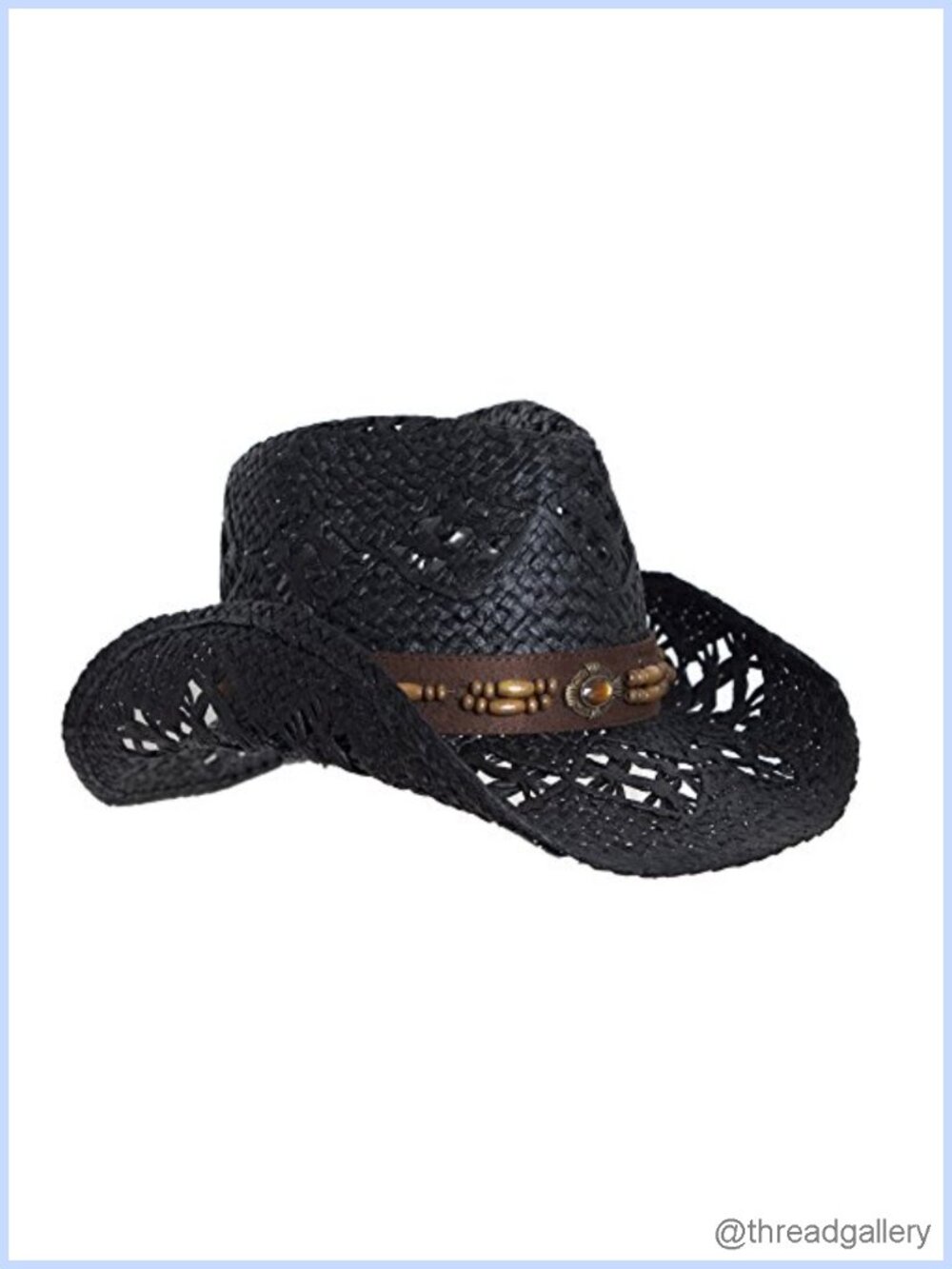 Straw Cowboy Hat Vegan Leather Band Wood Beads Shapeable Brim